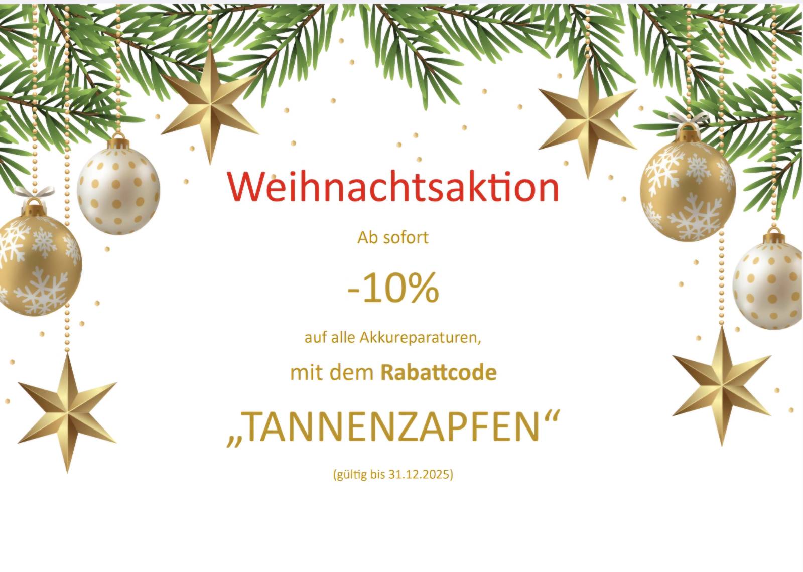 Weihnachtsaktion -10% auf Akkureparaturen mit Code TANNENZAPFEN